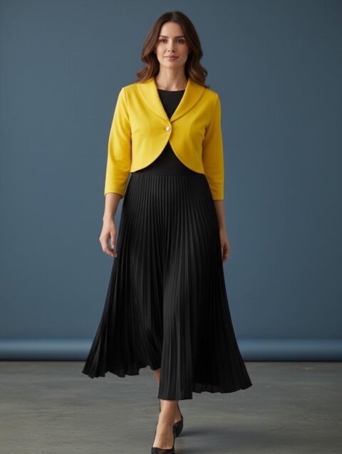 Vestido largo, plisado, medio ruedo, top Amarillo