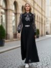 Vestido largo, plisado, medio ruedo, Negro con corbata