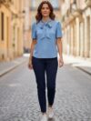 Blusa color azul manga princesa con corbata