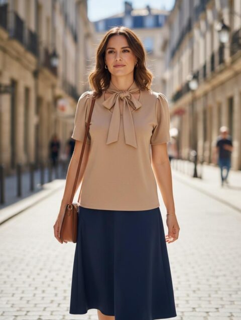 Blusa color beige manga princesa con corbata