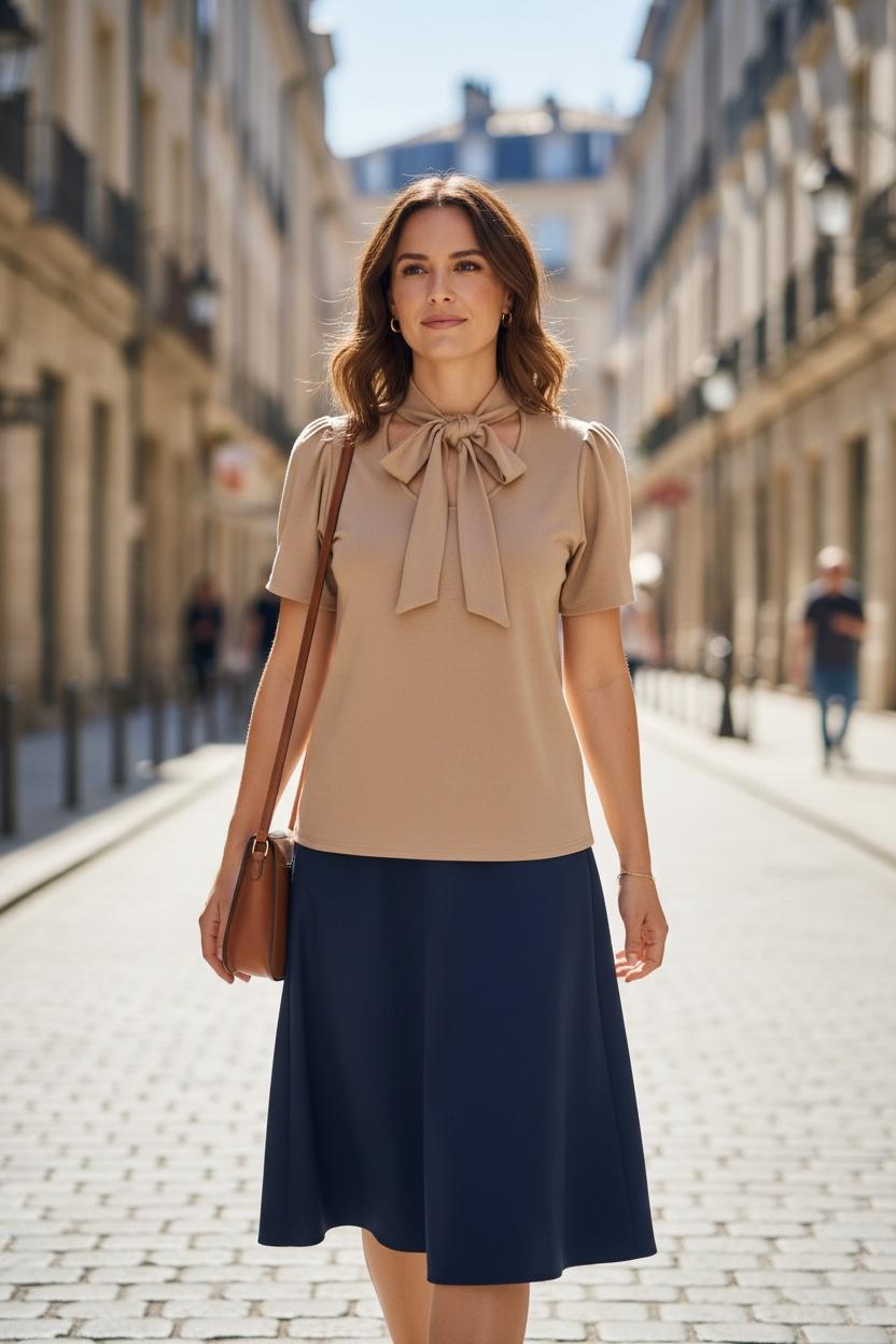 Blusa color beige manga princesa con corbata