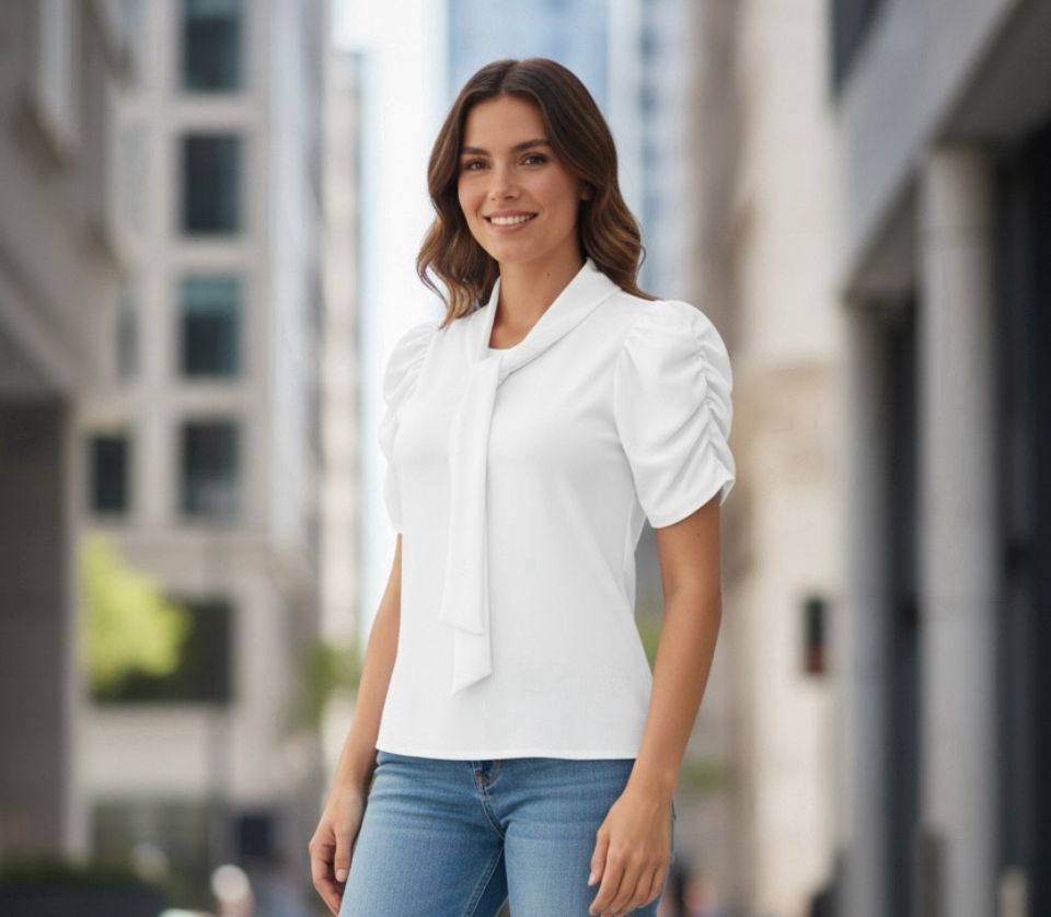 Blusa color blanca manga princesa con corbata