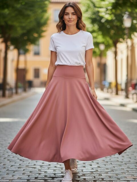 Falda Color Rosa palo larga ruedo completo