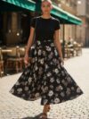 Falda larga Negra con flores ruedo completo