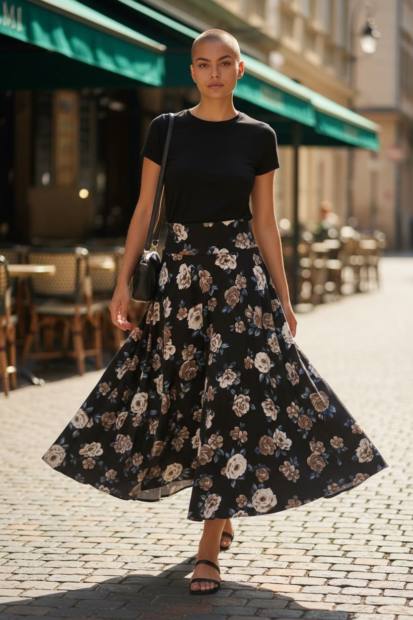 Falda larga Negra con flores ruedo completo