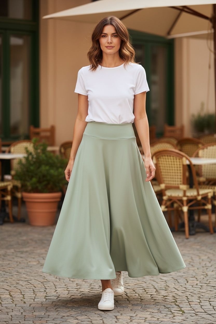 Falda larga color menta ruedo completo