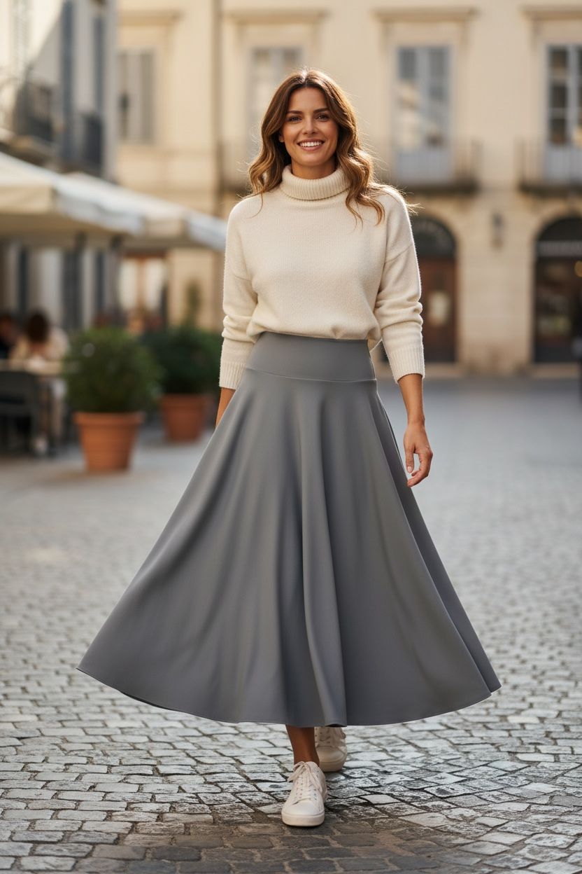 Falda larga gris ruedo completo