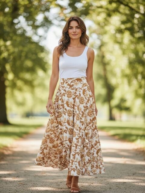 Falda larga rosas color mostaza ruedo completo
