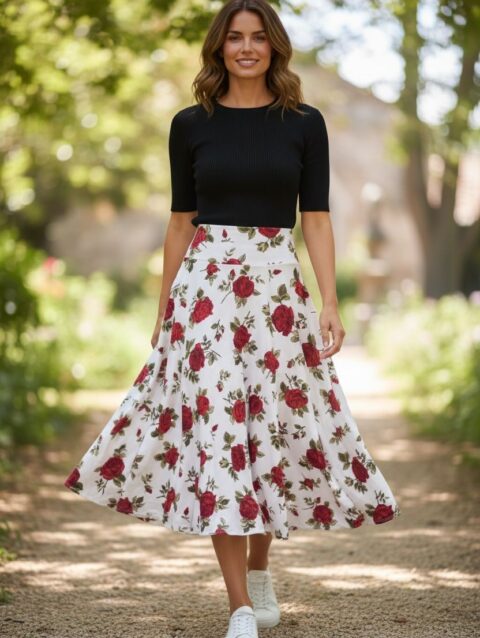 Falda larga rosas rojas ruedo completo