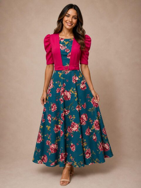 Vestido largo azul verde flroreado medio ruedo