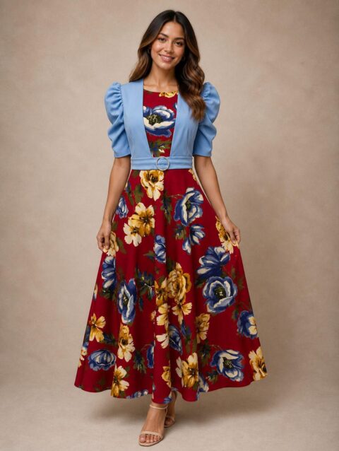 Vestido largo burgundy floreado medio ruedo