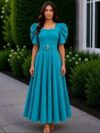 Vestido largo color azul verde ruedo completo manga princesa