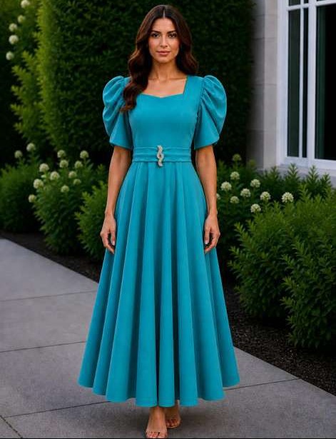 Vestido largo color azul verde ruedo completo manga princesa