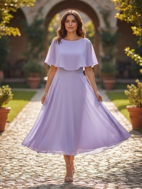 Vestido largo color lila ruedo completo
