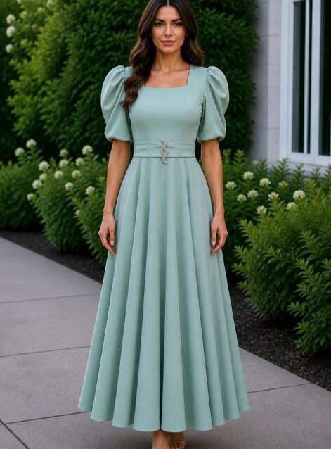 Vestido largo color menta ruedo completo manga princesa