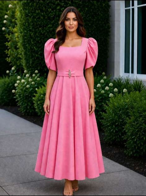 Vestido largo color rosa ruedo completo manga princesa