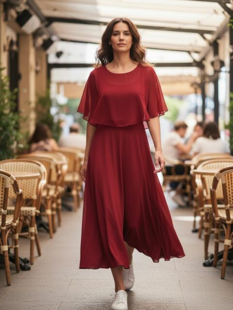 Vestido largo color vino ruedo completo
