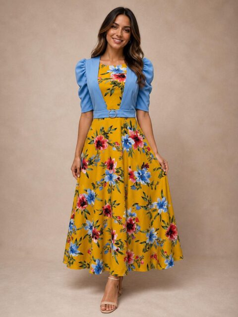 Vestido largo florado amarillo medio ruedo
