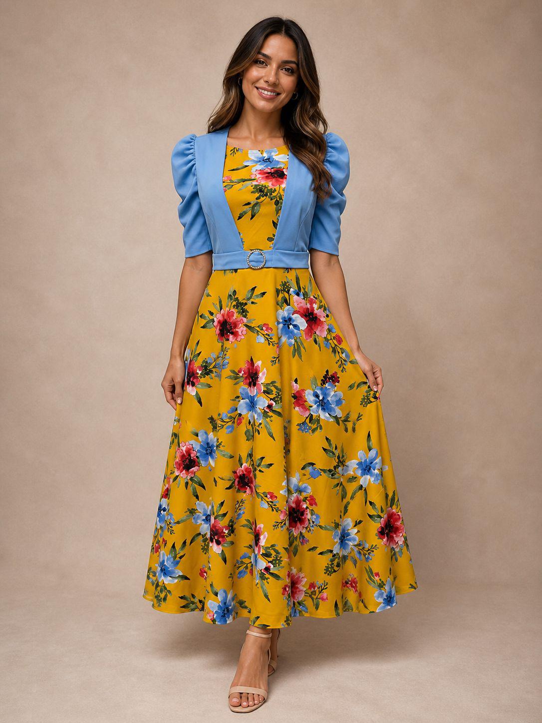 Vestido largo florado amarillo medio ruedo