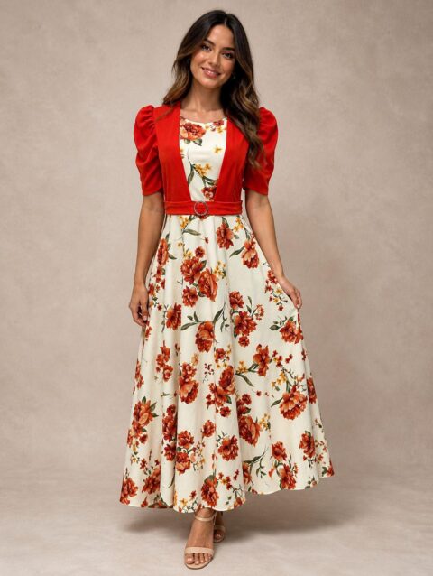 Vestido largo ivory floreado medio ruedo