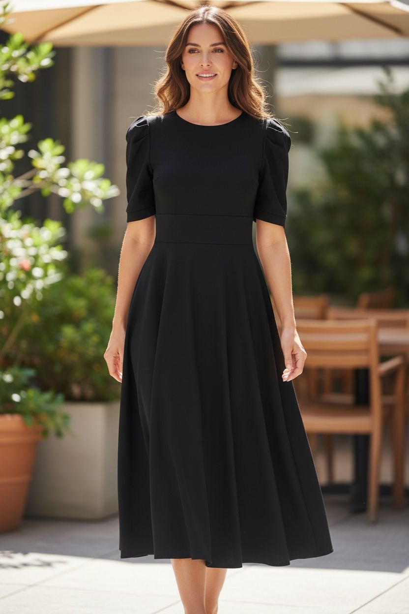 Vestido largo negro manga princesa medio ruedo