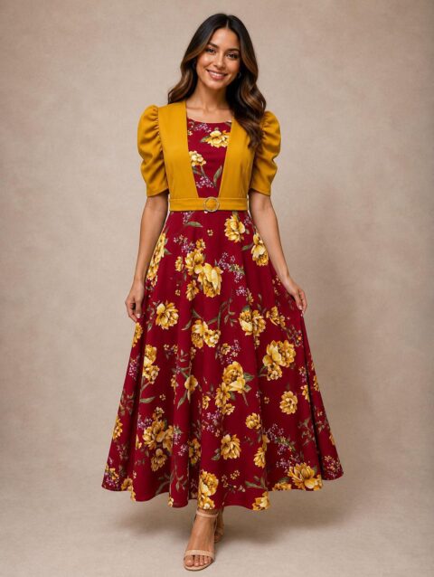 Vestido largo rojo floreado medio ruedo