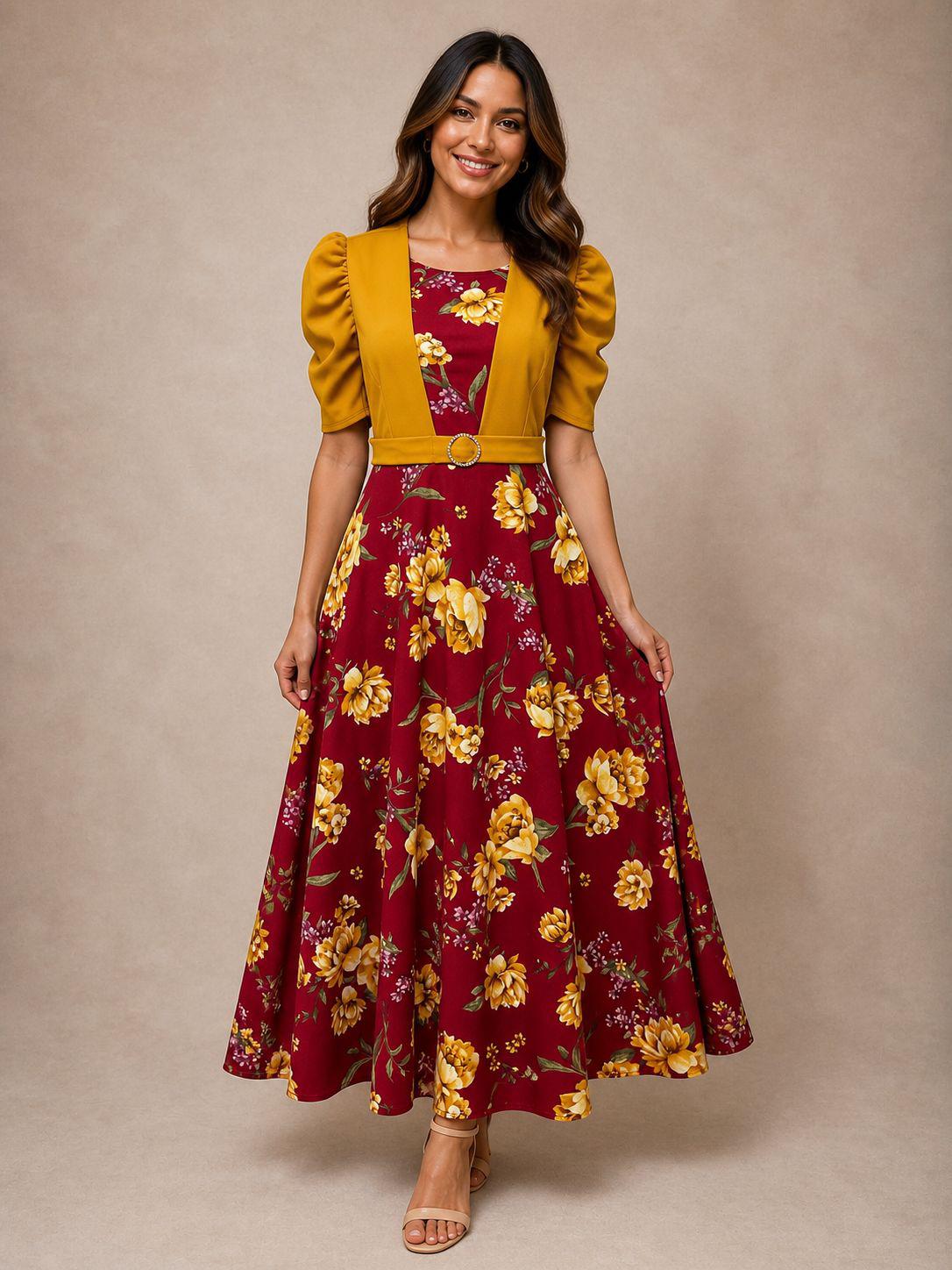 Vestido largo rojo floreado medio ruedo