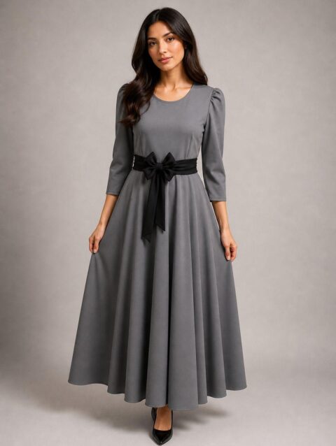 Vestido largo ruedo completo con moño Gris