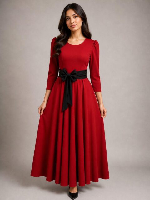 Vestido largo ruedo completo con moño Rojo