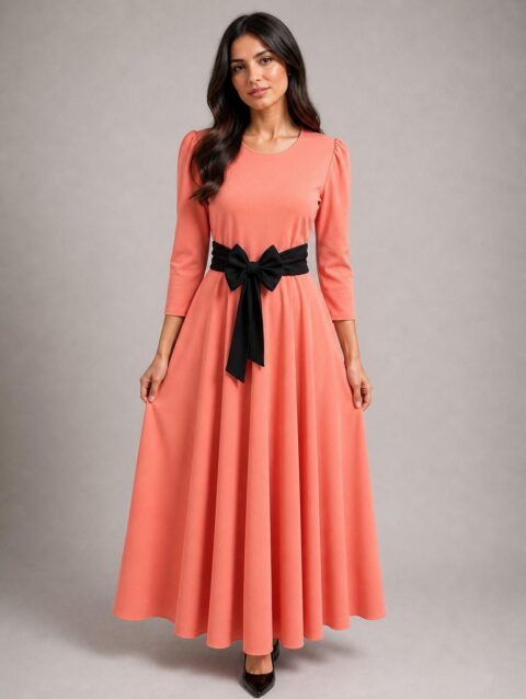 Vestido largo ruedo completo con moño Salmón