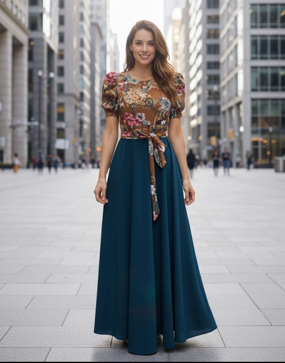 Vestido largo top café floreado medio ruedo manga princesa
