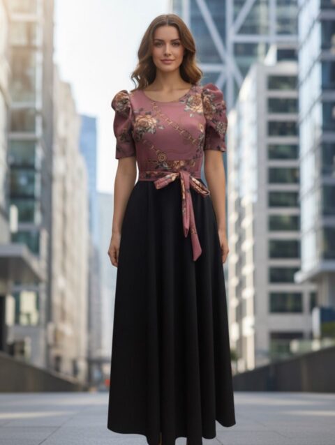 Vestido largo top rosa palo floreado medio ruedo manga princesa