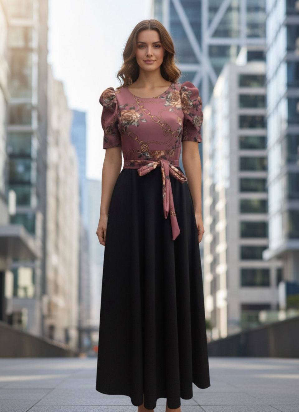 Vestido largo top rosa palo floreado medio ruedo manga princesa