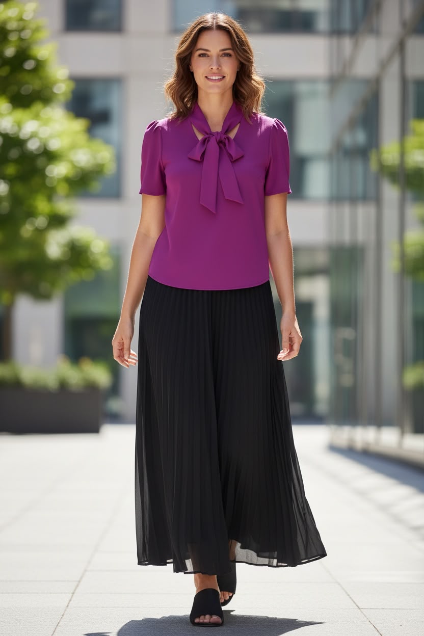 Blusa manga corta con corbata magenta