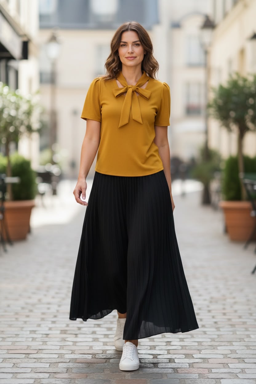 Blusa manga corta con corbata mostaza