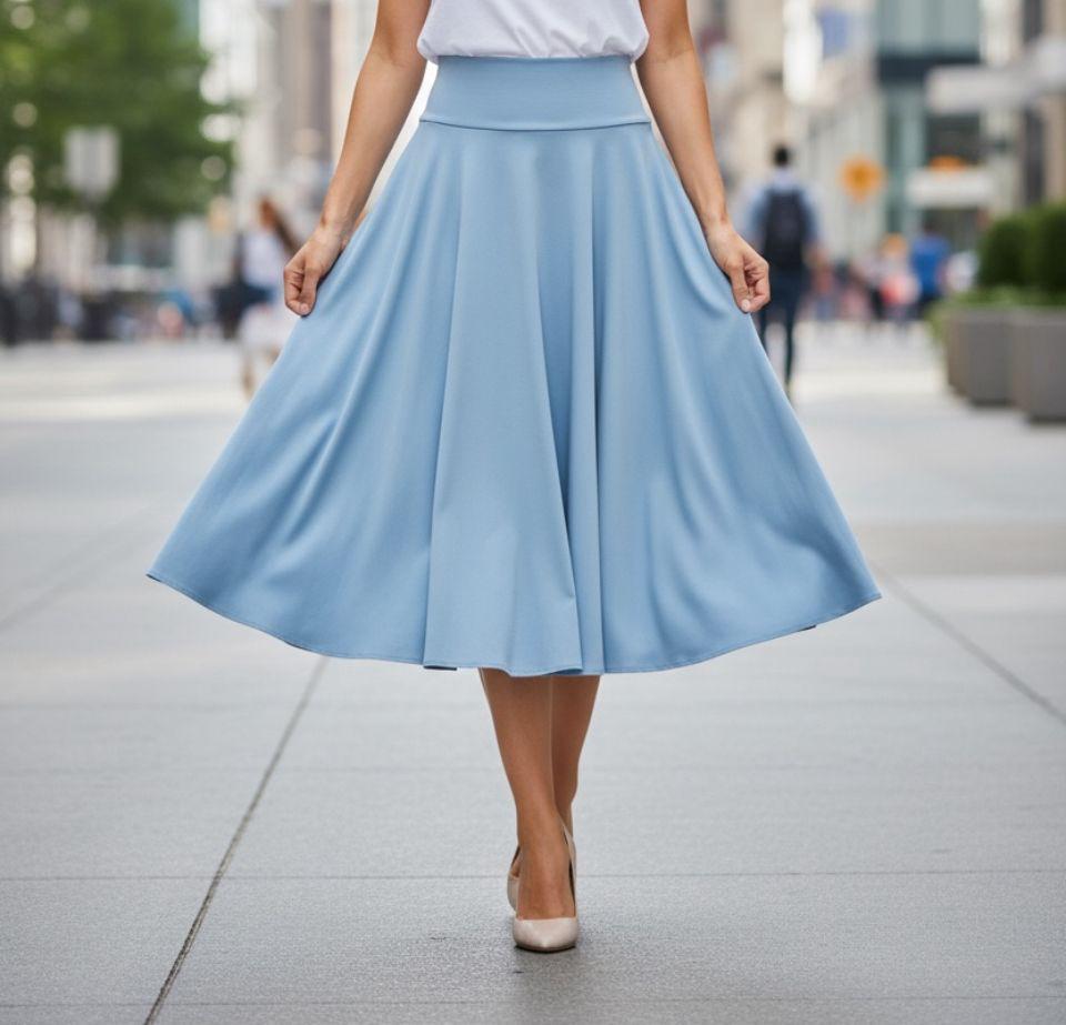 Falda azul cielo media pantorrilla ruedo completo