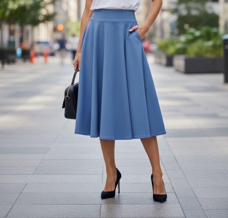 Falda azul pastel media pantorrilla ruedo completo