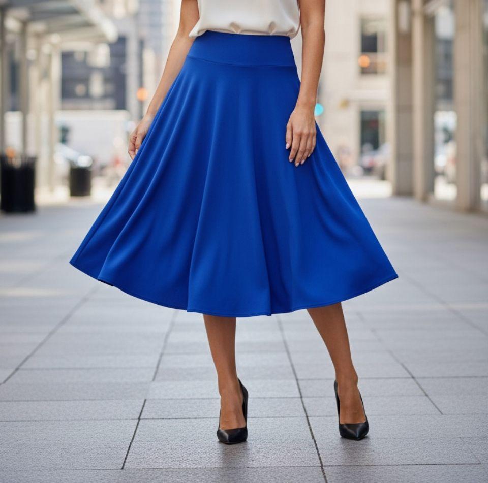 Falda azul rey media pantorrilla ruedo completo