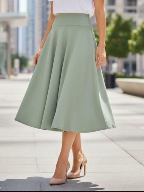 Falda color menta media pantorrilla ruedo completo