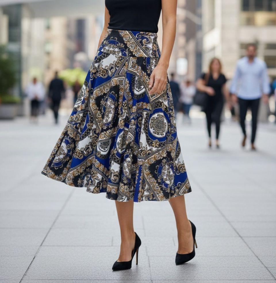 Falda Inspirada Azul media pantorrilla ruedo completo