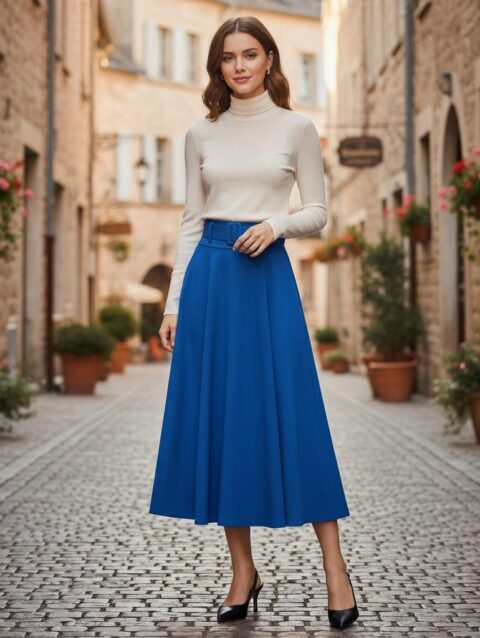 Falda larga de ruedo completo azul royal con cinto