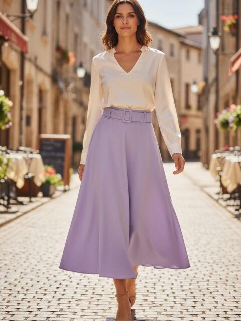 Falda larga de ruedo completo color lila con cinto