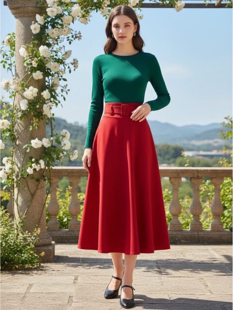 Falda larga de ruedo completo roja con cinto