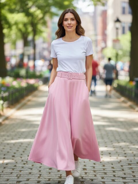 Falda larga de ruedo completo rosa con cinto