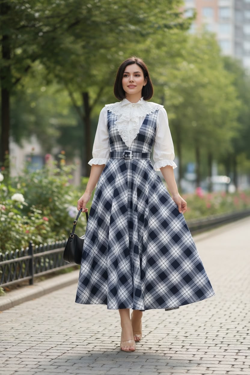 Paquete - Overol largo ruedo completo con cinto cuadros azul (NO incluye blusa)