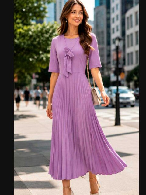 Vestido largo medio ruedo plisado color lila
