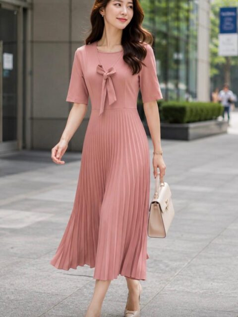 Vestido largo medio ruedo plisado color rosa palo