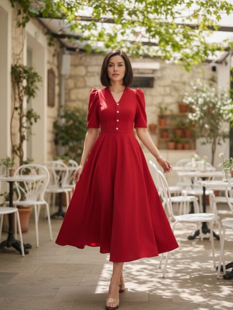 Vestido largo rojo ruedo completo