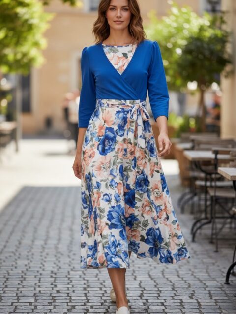 Vestido largo ruedo completo azul rey floreado