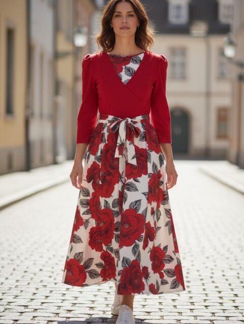 Vestido largo ruedo completo rojo floreado